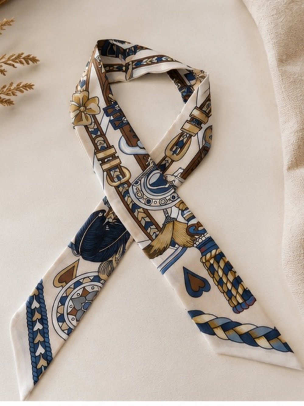 Navy Cream Equestrian Skinny Twilly Scarf Hair Neck Bag Accessory Designer Inspi